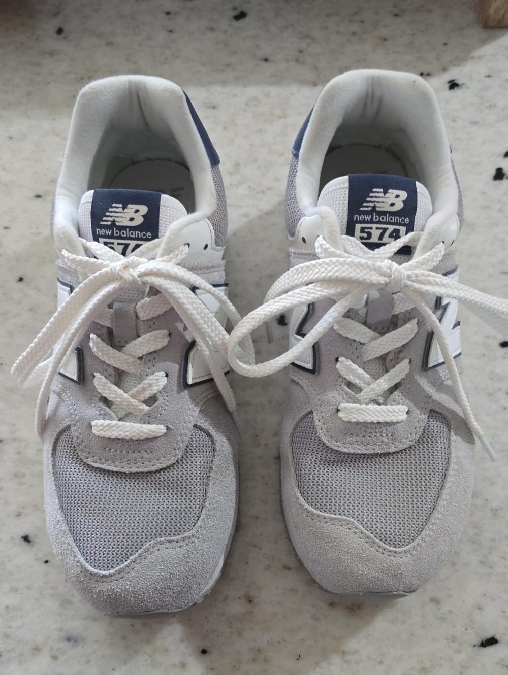 New Balance Kids Sneakers in Light Gray and White with Navy Accents